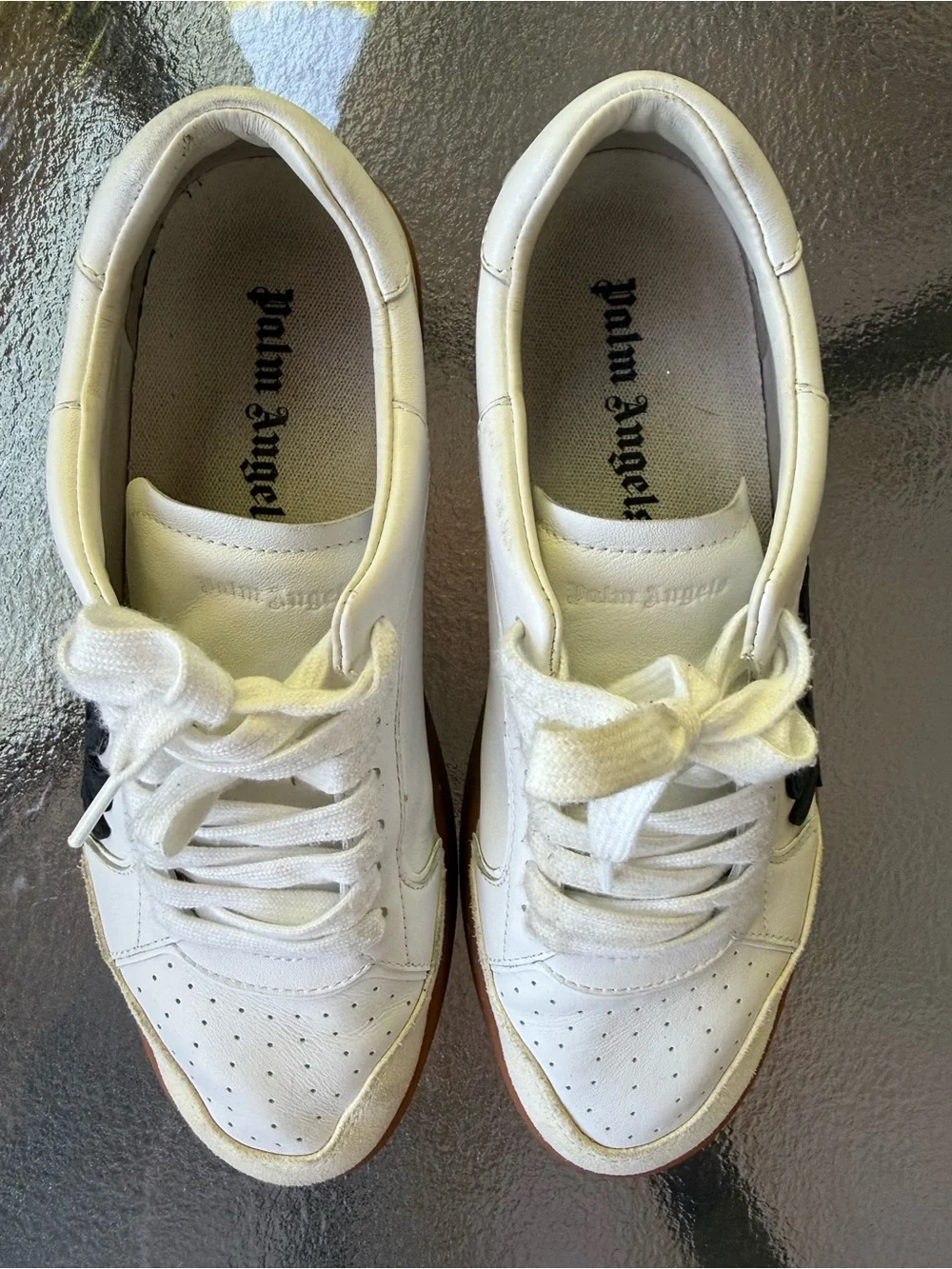 Palm Angels White Leather Sneakers with Black Palm Logo - Picture 4 of 11